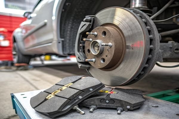 An illustration showing how a brake pad presses against a rotor to create friction.