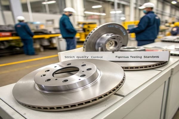 a factory worker inspecting a newly machined brake rotor