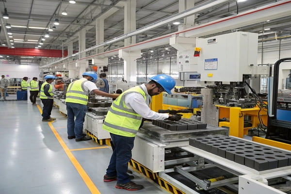 An engineering team discussing brake pad schematics