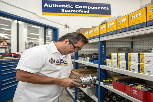 A well-organized aisle in an auto parts store