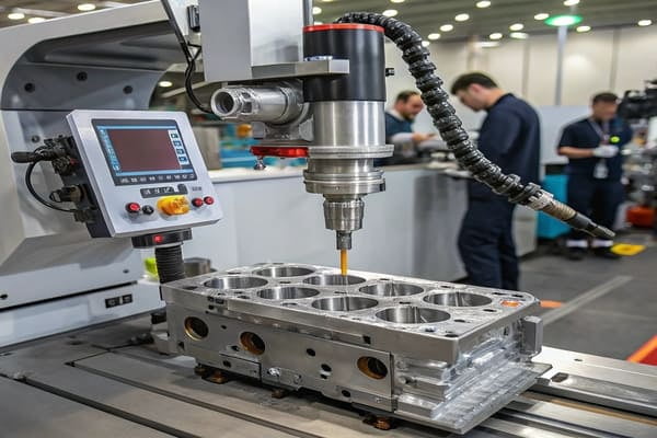 A CNC machine in operation, cutting a metal automotive part