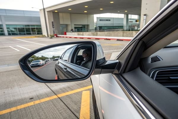 A diagram showing a car's blind spots and how side mirrors cover them