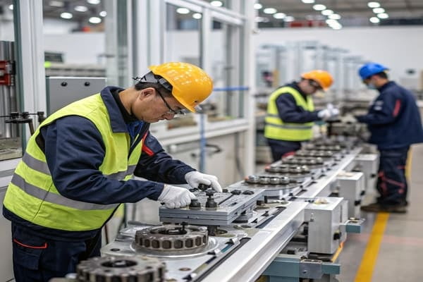 An engineer inspecting a brake pad with precision tools