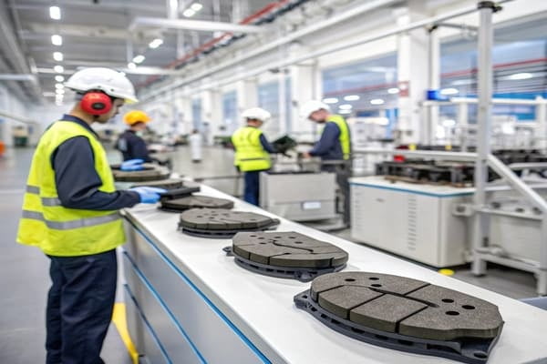 An industrial hot press machine used for manufacturing brake pads