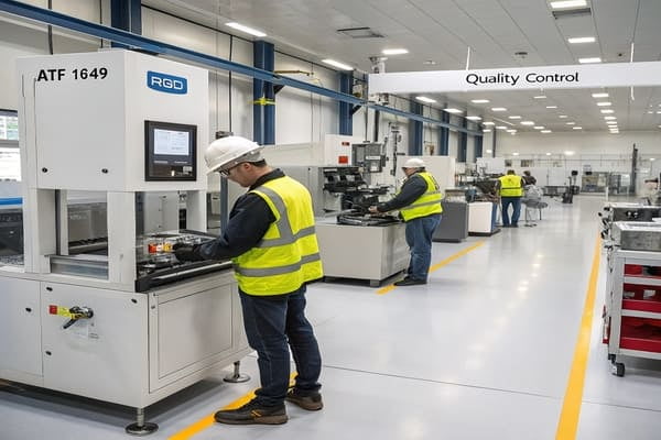 An engineer inspecting a brake pad in a manufacturing facility
