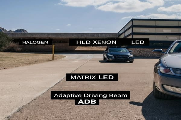 An illustration showing the progression from a simple halogen bulb to a complex matrix LED array.