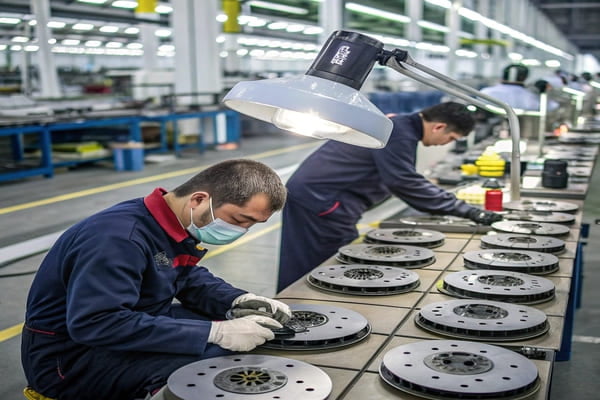 A close-up of high-quality brake pads on a production line
