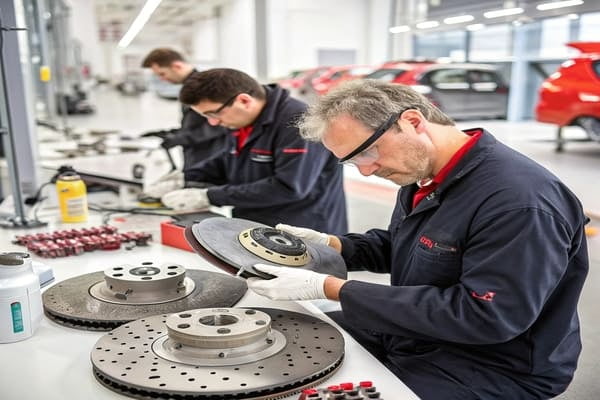 A close-up of a high-performance brake pad and caliper on a car wheel