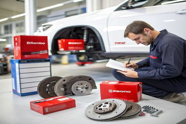 A close-up of a high-performance brake pad and caliper on a car wheel
