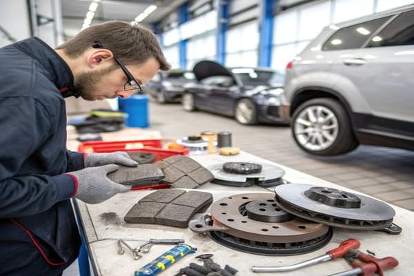 A close-up of a semi metallic brake pad showing its texture and composition.
