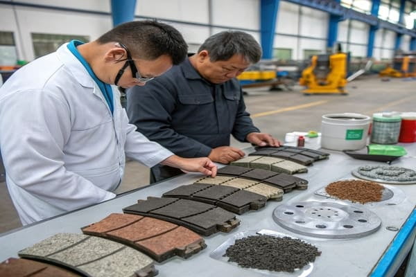 Different raw materials for brake pads in separate containers.