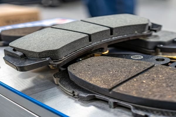 A diagram showing the different materials inside a semi metallic brake pad.