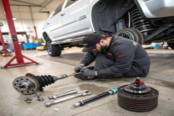 A single CV joint part next to a complete CV axle assembly