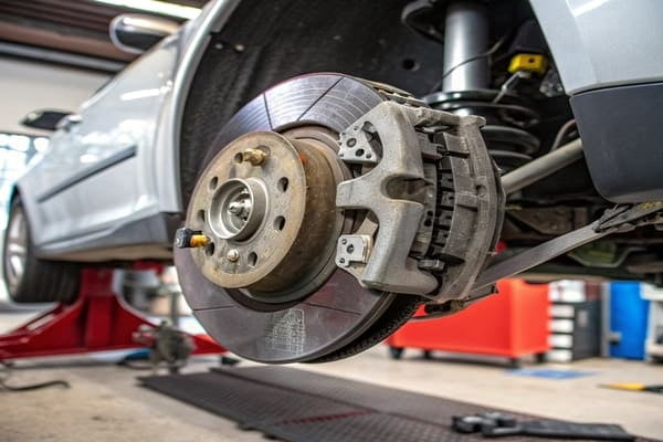 A mechanic installing a brake pad with a shim