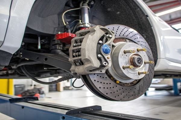 close-up of a disc brake assembly with caliper, pads, and rotor