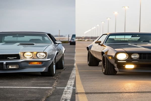 A vintage car with sealed beam headlights next to a modern car