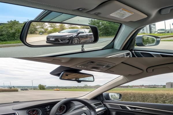 An interior rear-view mirror and an exterior side-view mirror shown in context
