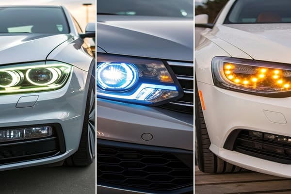 Comparison of Halogen, HID, and LED headlight beams on a road