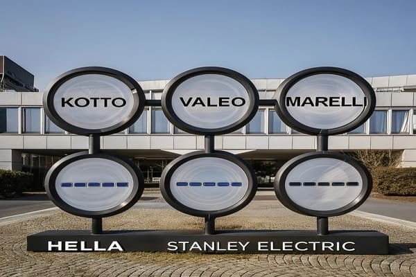 A factory assembly line showing the production of automotive headlamps.