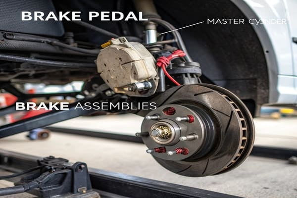 A complete car brake system with disc and drum brakes visible