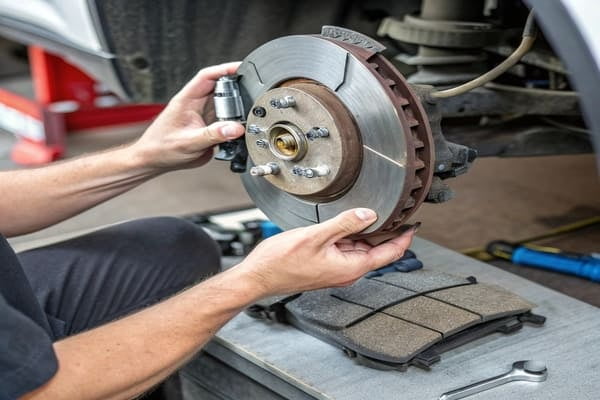 A close-up of a brake shim on a brake pad