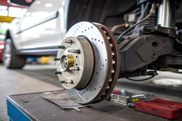 A close-up of a brake shim on a brake pad