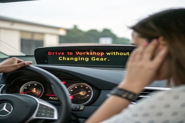 A car dashboard showing a transmission error message