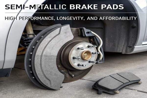 A collage of different vehicles that use semi metallic brake pads, from a sports car to a delivery truck.