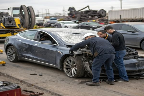 Insurance adjuster inspecting a wrecked Tesla