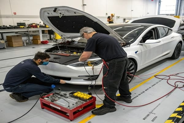 Tesla salvage parts being sorted in a workshop