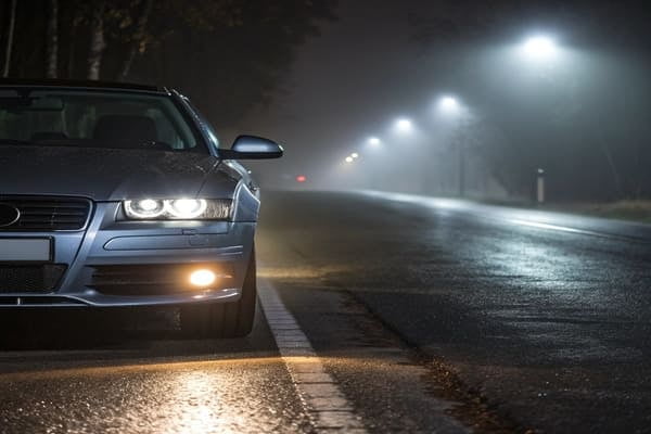 A modern car with its front lights on at dusk