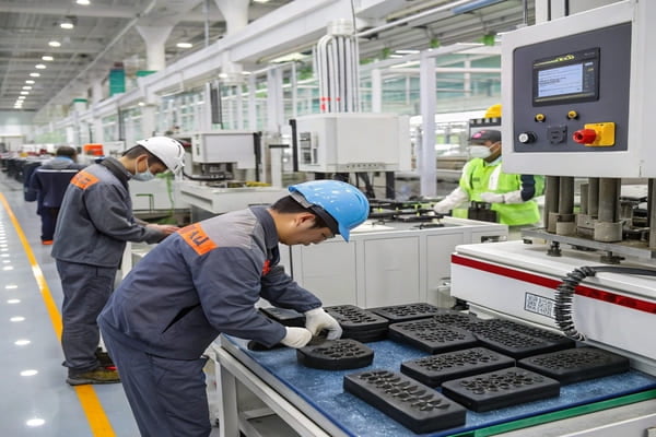 A factory worker inspecting a brake pad on the production line.
