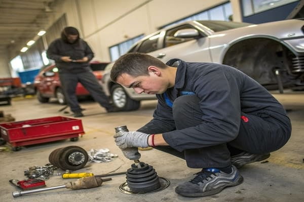 A diagram highlighting the inner joint near the transmission and the outer joint near the wheel