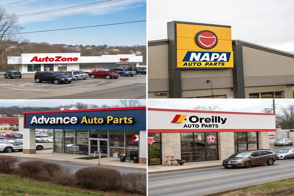 The storefronts of several major auto parts chains side-by-side