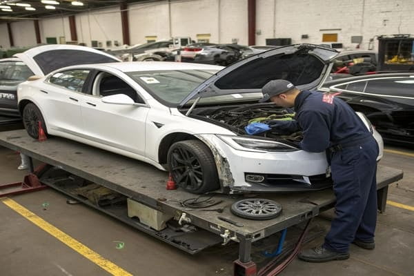 A damaged Tesla vehicle in a salvage yard