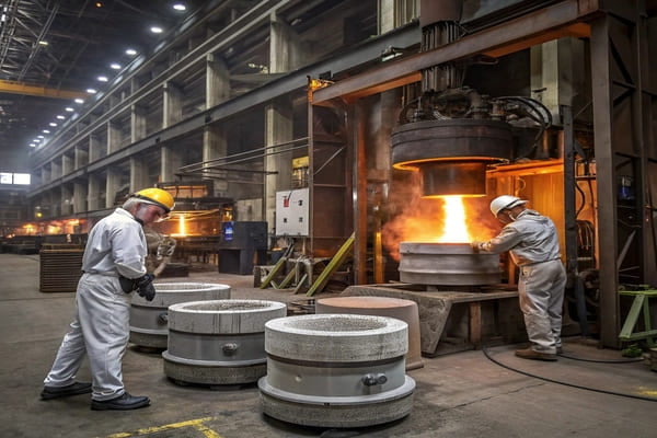 A finished brake drum being inspected with precision tools in a factory
