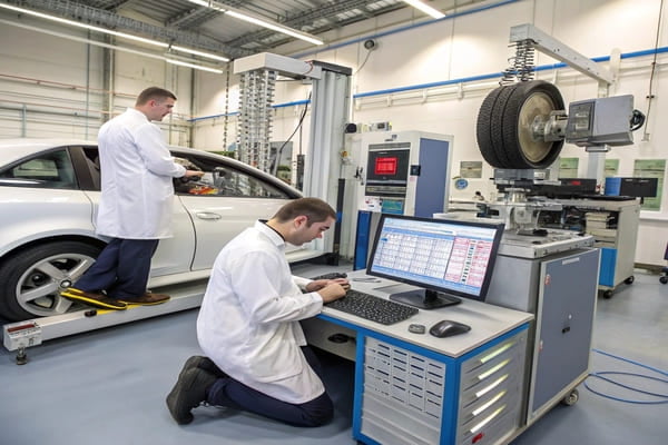 A brake dynamometer testing machine in a lab environment.