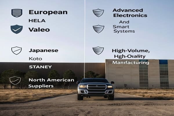 A world map with pins on Europe, Japan, and North America, representing automotive industry hubs.