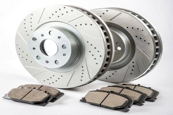 A close-up of a high-performance brake rotor and ceramic pad assembly.