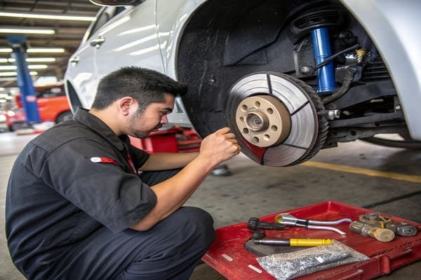 A close-up of a high-performance brake caliper and rotor