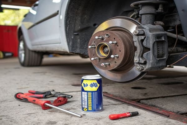 A can of WD-40 with a large red X over it in front of a brake rotor