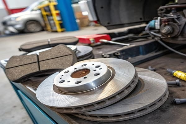 A standard plain brake rotor next to a set of ceramic brake pads.