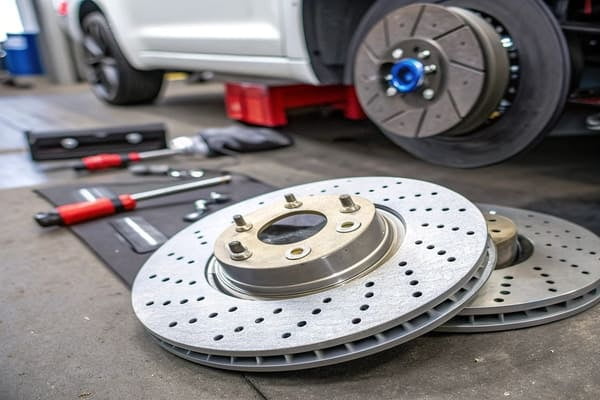 A high-performance drilled and slotted rotor paired with a ceramic brake pad in a caliper.