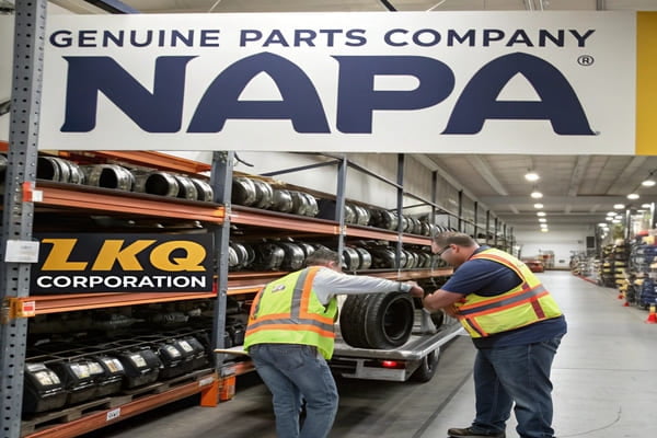 A large warehouse filled with shelves of automotive parts