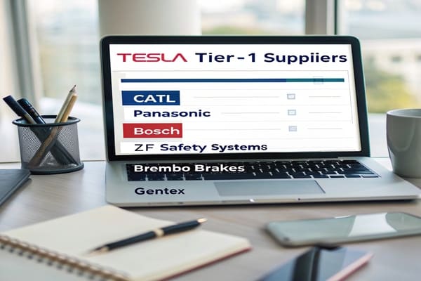 A map of the world with logos of major automotive suppliers pointing to Tesla factory locations