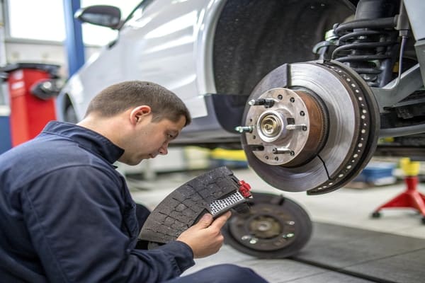 A close-up of a drum brake assembly showing brake shoes