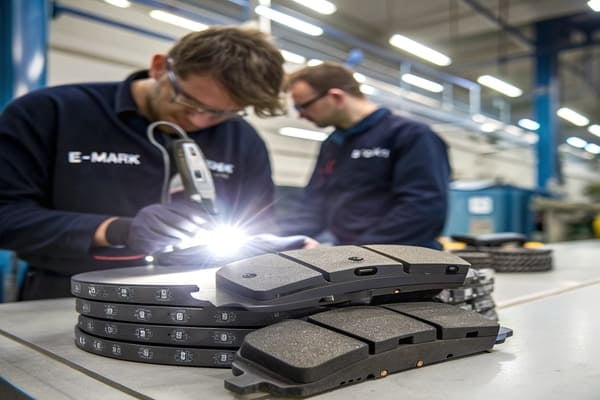A close-up of a high-performance brake pad and caliper on a sports car