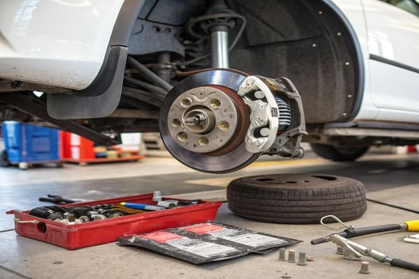A mechanic inspecting a car's wheel to identify the brake type