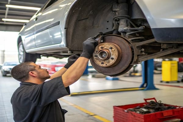 A mechanic working on the rear wheel of a vehicle