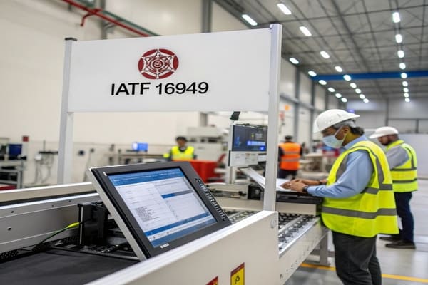 A person on a video call showing a factory floor in the background